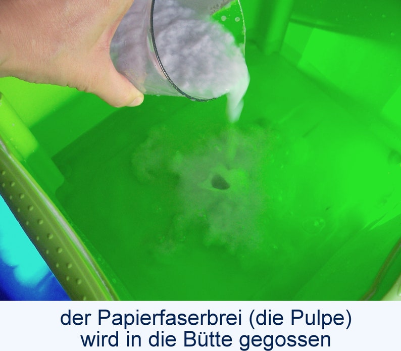 Eine Hand kippt aus einem Messbecher weißen Brei in eine mit Wasser gefüllte grüne Plastikwanne. Unter dem Foto steht der Text: "der Papierfaserbrei (die Pulpe) wird in die Bütte gegossen".