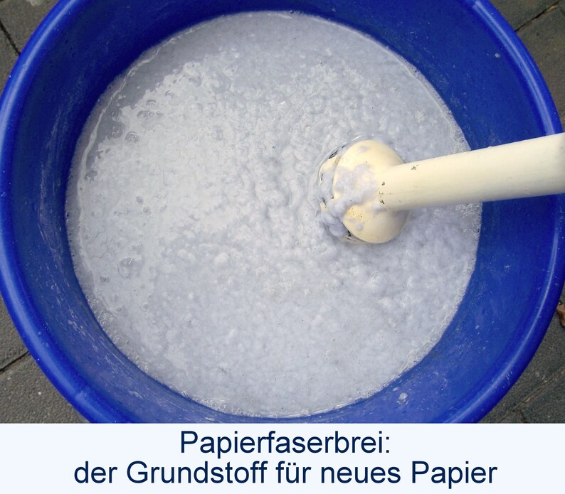 Blick in einen blauen Eimer, in dem ein Stabmixer weißen Papierbrei anrührt. Unter dem Foto steht der Text: "Papierfaserbrei: der Grundstoff für neues Papier".