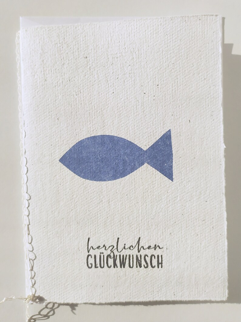 Kommunionkarte Büttenpapier blauer Fisch, Taufkarte Konfirmationskarte Junge Dunkelblau