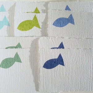 10 Deckle-Edged Place Cards Blue and Green Fishes, Seating Cards Handmade Paper for Baptism Communion Confirmation image 1