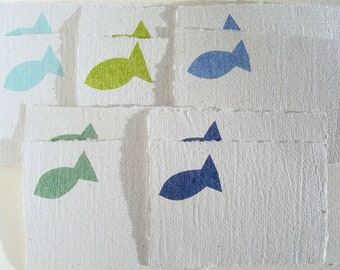 10 Deckle-Edged Place Cards Blue and Green Fishes, Seating Cards Handmade Paper for Baptism Communion Confirmation