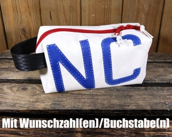 Personalized toiletry bag, sail design, two numbers/letters, recycled from sailcloth