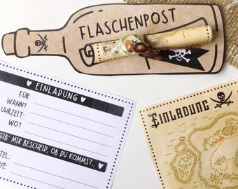 Printable children's birthday invitation template | Message in a bottle | Printable pirate-themed birthday invitation | Craft template | Invitation card