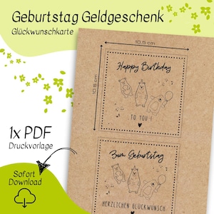 May include: A brown card with the text "Happy Birthday" and "To You!" featuring bear illustrations, measuring 10.5 cm x 10.5 cm. The card also includes the text "Zum Geburtstag" and "Herzlichen Gl&uuml;ckwunsch". The words "Sofort Download" are also visible.