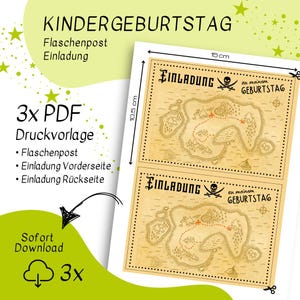 May include: Printable 3x PDF template for a pirate-themed birthday party invitation. The invitation features a treasure map with a red line marking the route to a skull and crossbones. The text "Einladung zu meinem Geburtstag" is printed on the invitation.