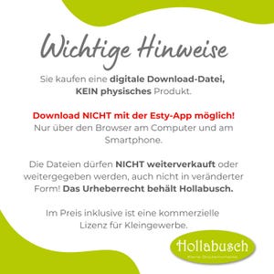 May include: White background with green and yellow accents, featuring text in German. The text states that the purchase is a digital download, not a physical product, and provides download instructions. The Hollabusch logo is at the bottom.