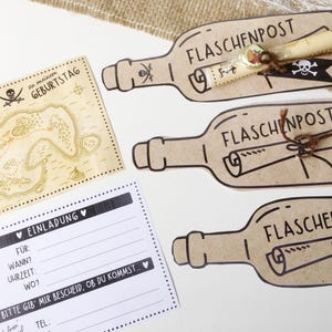 May include: A printable set of three brown paper bottle templates with black outlines. Each bottle has a rolled up paper inside with a black string tied around it. The text "FLASCHENPOST" is written on each bottle. The text "EINLADUNG" is written on a separate brown paper card with a black outline. The text "zu meinem GEBURTSTAG" is written on a separate brown paper card with a black outline. The text "FUR: WANN? UHRZEIT: WO? BITTE GIB MIR BESCHEID, OB DU KOMMST TEL:" is written on a separate white card with a black outline.