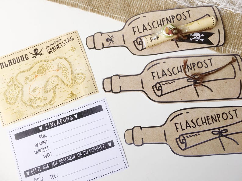 May include: A printable set of three brown paper bottle templates with black outlines. Each bottle has a rolled up paper inside with a black string tied around it. The text "FLASCHENPOST" is written on each bottle. The text "EINLADUNG" is written on a separate brown paper card with a black outline. The text "zu meinem GEBURTSTAG" is written on a separate brown paper card with a black outline. The text "FUR: WANN? UHRZEIT: WO? BITTE GIB MIR BESCHEID, OB DU KOMMST TEL:" is written on a separate white card with a black outline.