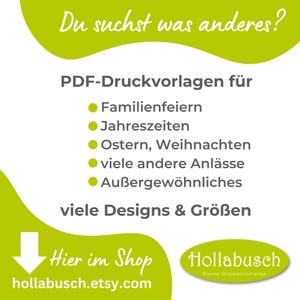 May include: A white background with green accents features German text. The text includes phrases like "Du suchst was anderes?" and "PDF-Druckvorlagen f&uuml;r." It lists various occasions and the shop's Etsy address, hollabusch.etsy.com.