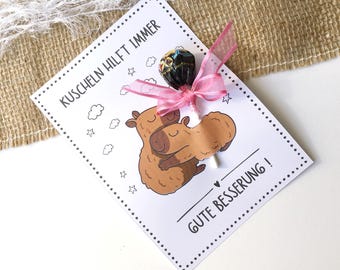 Get well soon card with consolation plaster, lollipop for recovery as a gift idea, print template for self-printing, get well card capybara