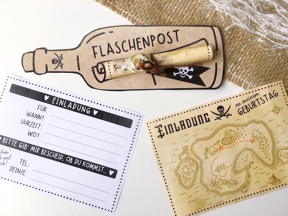 Druckvorlage Kindergeburtstag Einladung I Flaschenpost I zum drucken I Piraten I Geburtstagseinladung I Bastelvorlage I Einladungskarte