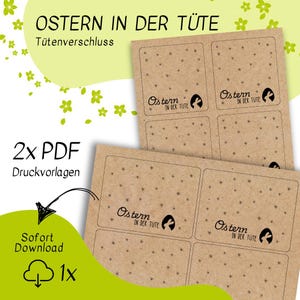 May include: Two printable PDF sheets with four brown paper bag labels. Each label has a black and white design with the text "Ostern in der Tüte" and a small bunny silhouette.