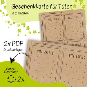 May include: Kraft paper gift card templates with the text "VIEL ERFOLG" and dotted star designs. The cards are available in two sizes, with dimensions of 9.3 cm x 12.8 cm and 12.5 cm x 17.5 cm. The image also includes the text "2x PDF Druckvorlagen" and "Sofort Download".