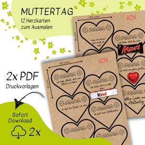 Moederdag printbaar - 12 kaarten om te kleuren - Moederdagkaart - Hartjes - Cadeaubon - om af te drukken - Kleurplaat - Schilderen met kinderen
