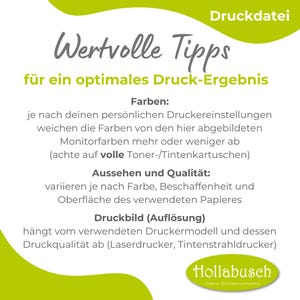 May include: A white graphic with green accents and German text providing printing tips. The text includes information about colours, appearance, quality, and resolution for optimal print results. The logo for Hollabusch is at the bottom.