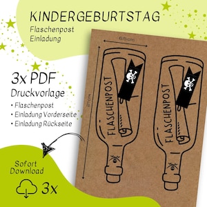May include: Printable PDF template for a pirate-themed birthday party invitation. The template features a brown bottle with a rolled-up message inside and a skull and crossbones on the tag. The bottle is 6.5 inches tall and 21 inches wide. The text "Flaschenpost" is written on the bottle.