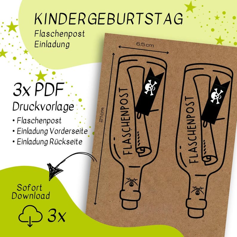 May include: Printable PDF template for a pirate-themed birthday party invitation. The template features a brown bottle with a rolled-up message inside and a skull and crossbones on the tag. The bottle is 6.5 inches tall and 21 inches wide. The text "Flaschenpost" is written on the bottle.