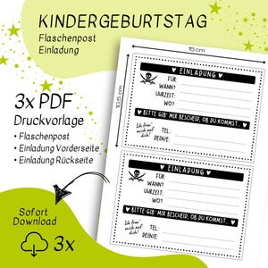 May include: Printable PDF template for a pirate-themed birthday party invitation. The template includes a skull and crossbones graphic, the text "Einladung" (German for "Invitation"), and space to fill in details like "F&uuml;r" (For), "Wann" (When), "Uhrzeit" (Time), and "Wo" (Where). The template also includes the text "Bitte gib' mir Bescheid, ob du kommst..." (Please let me know if you can come...).