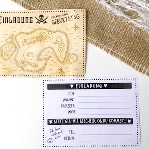 May include: A black and white printable invitation card with a pirate treasure map design. The text on the card reads "Einladung zu meinem Geburtstag" which translates to "Invitation to my birthday".