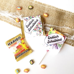 Print sjabloon Eindelijk een schoolkind, cadeau voor schoolinschrijving, 1e klas, lolly, zelf printen, eerste klas, schoolkegel, terug naar school, kleinigheidje