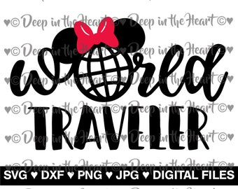 World Traveler - SVG, PNG, DXF, Jpeg -Instant Zip File Download - World Showcase, Mouse Ears w/ Bow, Minnie World Traveler Vacation - Print