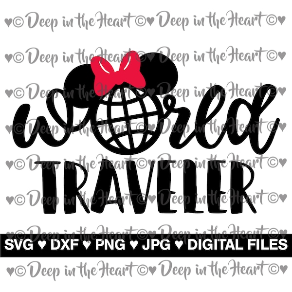 World Traveler - SVG, PNG, DXF, Jpeg -Instant Zip File Download - World Showcase, Mouse Ears w/ Bow, Minnie World Traveler Vacation - Print