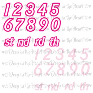 May include: Pink and white numbers 1 through 9 and 0, with a pink outline. The numbers are in a bold, rounded font. Below the numbers are the words "st", "nd", "rd", and "th" in pink with a white outline.