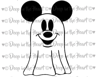 May include: A black and white graphic of a cartoon ghost with Mickey Mouse ears. The ghost has a smiling face and a rounded body. The text "Deep in the Heart" is repeated around the image.
