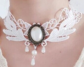 Steampunk Necklace, Lace Victorian, Pearls, Stone, Cosplay