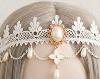 Cosplay headband, elven band, white lace with stone