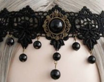 Gothic Stirnband, Spitze, Perlen, schwarzer Stein