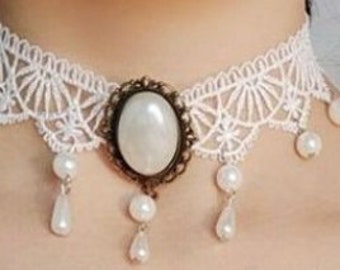 Steampunk Necklace, Lace Victorian, Pearls, Stone, Cosplay