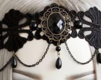 Gothic headband, lace, beads, black stone