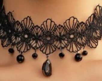 Gothic necklace, Lace Victorian, Stone, Pearls