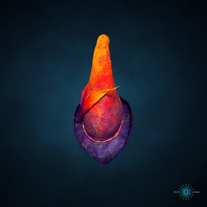 May include: A tall, pointed hat made of felt with a purple brim and a bright orange and yellow top. The hat is decorated with a small, orange felt feather.
