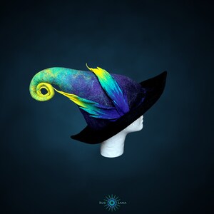 May include: A black felt witch hat with a curled brim and a tall, pointed crown. The crown is decorated with a swirl of yellow and green felt and a blue and green feather.