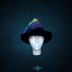 May include: A black felt witch hat with a purple and green feather detail. The hat is on a white mannequin head.