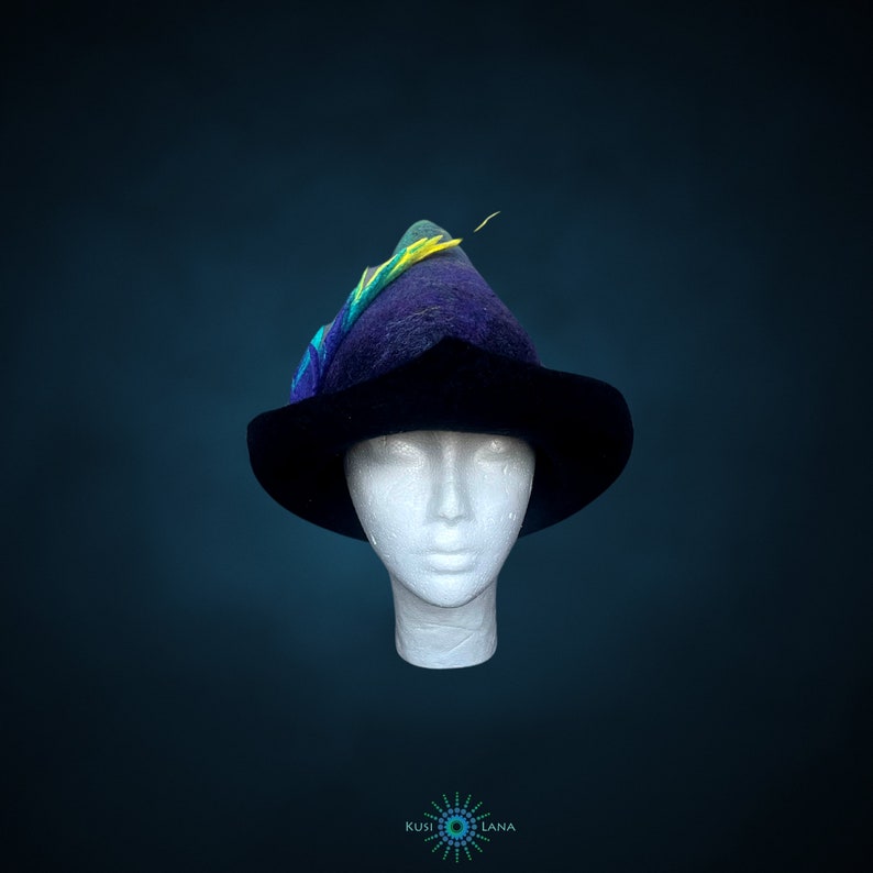 May include: A black felt witch hat with a purple and green feather detail. The hat is on a white mannequin head.