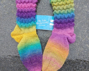 Size 40/41, old socks, with wave pattern, flowing color gradient, knitting art, cozy socks