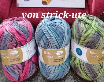 300 g wool package, fleet sock, Reller wool, 4-ply, 3 different colors, Patagonia Happy Dots, the color gradient comes from the ball