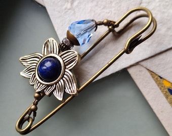 Shawl pin Lotus lapis lazuli and crystal, sparkling scarf pin lapis in blue and bronze N-7-AB-38