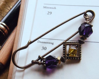 Extravagant cloth pin in olive and violet - large bronze safety pin with crystal beads