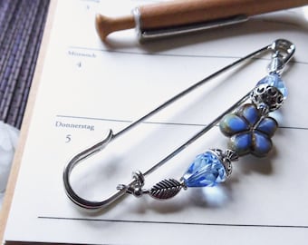 Cloth pin blue flower crystal silver, 10 cm kilt pin with Bohemian beads N10-S-5