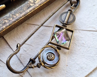 very large shawl pin crystal and mother of pearl, 10 cm bronze kilt pin with beads