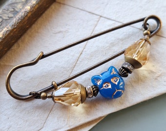 Shawl pin blue cat with crystal, colorful 7 cm kilt pin beads bronze cloth clasp button replacement