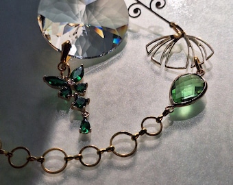 Window decoration crystal gold green suncatcher with butterfly, custom length SF-G-7