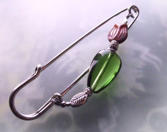 Tulip cloth pin - very large silver-colored decorative pin with Czech glass beads in green and purple
