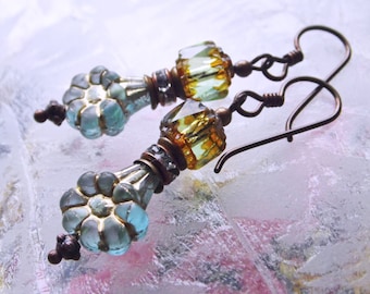 Boho-Chic Water Blue and Green Earrings - Hypoallergenic Niobium Earrings Copper
