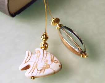 Golden bookmark fish antique in delicate colors, gift for the book