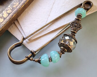 Cloth pin Art Deco Mint Green Lotus - very large bronze jewelry pin with decorative glass beads